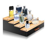 KEDEMAS Présentoir à Parfum en Bois, Organisateur de Parfum 4 Niveaux, Présentoir à Eau de Cologne pour Homme, Boîte d'exposition avec Tiroir pour Présentation Parfum, Bijoux, Cosmétiques
