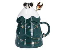 Keebgyy Tasse à Café de Noël, Tasse de Noël de Grande Capacité de 500 ML, Tasse à Café en Céramique avec Cuillère à Couvercle pour Cadeaux de Vacances à(Couvercle Vert avec cuillère à mélanger)