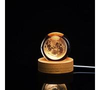 Keebgyy Veilleuse Boule de Cristal Galaxie 3D du Système Solaire - Base de Lumière LED en Bois, Gravure Laser Planète Holographique, Cadeau (Lune)