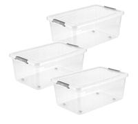 Keeeper Lot de 3 bacs de rangement 37L transparents avec roulettes et clips