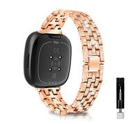 KeeFos Bracelet en Métal Compatible avec Fitbit Versa 4/Versa 3/Fitbit Sense 2/Sense, Bracelet en Acier Inoxydable avec Des Strass, Brillant Bracelets de Remplacement - Or rose