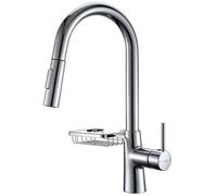 KeeGone Robinet Cuisine, Mitigeur Cuisine Avec Douchette Extractible, Robinet D'évier Avec étagères, Pivotant à 360°, Robinet Évier Réglable Eau Chaude Froide,Deux Jets, Acier Inoxydable, Argent