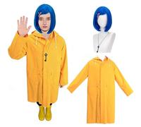 KEELYY Costume de carnaval pour femme, manteau de pluie jaune, perruque bleu marine, collier libellule, pince à cheveux, manteau de pluie, costume de cosplay, accessoire pour Halloween, fête à thème