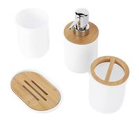 Keenso Ensemble de Salle de Bain Moderne, Gobelet à Brosse à Dents Lisse, pour la Maison, L'hôtel, Ensemble Durable pour Les Amis de la Famille, 4 Pièces, Matériau en Plastique et Bambou (White)