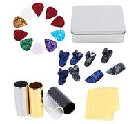 Keenso Kit d'accessoires de Guitare, métal Celluloid Ultra-Thin 10 Celluloid Pick + 4 Guitar Slider + 8 Finger Cot pour Guitare Cadeaux
