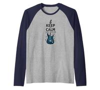 Keep Calm and Rock on Wand pour Les Amateurs de Musique de Guitare Manche Raglan, Homme, Bleu Marine/Chiné Athlétique, L
