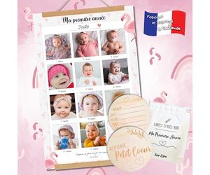 Keep’Love - Pack Souvenir Ma Première Année pour Bébé - Affiche À Compléter + Baguettes de Suspension + Cartes Étapes Bébé en Bois Pochon inclus - Cadeau de naissance parfait (Modèle Flamant Rose)