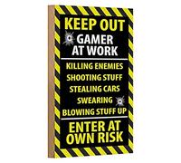 Keep Out | Gamer at Work | Plaque humoristique en bois | Idée cadeau pour les joueurs | 12 cm x 18 cm