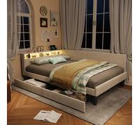 KeepGoon 140 x 200 cm Lit capitonné avec 2 tiroirs, en velours, lit double/canapé-lit, tête de lit LED, avec compartiments de rangement, fonction de charge USB et sommier à lattes, lit pour adolescent