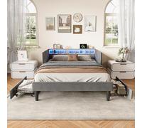 KeepGoon 140 x 200 cm Lit capitonné avec 2 tiroirs, en velours, lit double/canapé-lit, tête de lit LED, avec compartiments de rangement, fonction de charge USB et sommier à lattes, lit pour adolescent