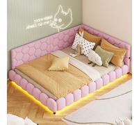 KeepGoon Canapé-lit rembourré, 140 x 200 cm, avec Cercle de LED au Pied du lit, avec Charge USB, lit Double, lit de Jour, Multifonctionnel, avec sommier à Lattes, Laine d'agneau, sans Matelas (Rose)