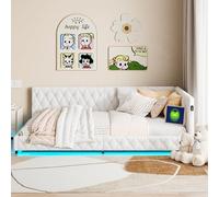 KeepGoon Canapé-lit rembourré, 140 x 200 cm, avec LED et chargement USB, lit double, lit de jour, multifonction, avec sommier à lattes, en velours peluche, beige/rose