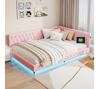 KeepGoon Canapé-lit rembourré, 140 x 200 cm, Un Cercle sous Le lit avec LED et Charge USB, lit Double, lit de Jour, Multifonctionnel, avec sommier à Lattes, Tissu en Velours Peluche, sans Matelas