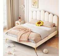 KeepGoon Double Lit 140 x 200 cm avec Tête de Lit Fleurie et Sommier à Lattes, Cadre Stable pour Enfant, Adolescent, Invité - Velours Doux Beige