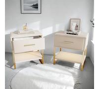 KeepGoon Ensemble de table de chevet 2 pièces avec LED - Table de chevet en velours - Table de chevet moderne avec tiroir simple - Convient pour les chambres et les salons, Beige, Base galvanisée or