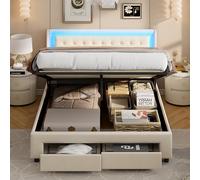 KeepGoon Lit capitonné 140 x 190 cm, lit double avec LED, 2 tiroirs au bout du lit, lit avec tiroir de lit, lit de rangement, avec sommier à lattes et tête de lit, décoration à boutons, velours,