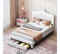 KeepGoon Lit Capitonné 140 x 200 cm avec 2 Tiroirs, LED, pour Fille - Sommier à Lattes, Dossier et Tête de Lit - Espace de Rangement (Blanc)