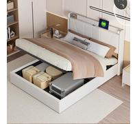 KeepGoon Lit capitonné 140x200cm, Coffre de Rangement sous Le lit, 2 Ports USB + 1 Port Type-C, sommier à Lattes, Dossier, Cadre de lit, Lin, Matelas Non Inclus