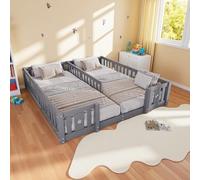 KeepGoon Lit de sol double pour enfant en bois massif avec parc, lit d'enfant, style Montessori, support vertical, motif étoilé, avec protection anti-chute (gris sans sommier à lattes)