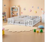 KeepGoon Lit de sol double pour enfant en bois massif avec parc, lit d'enfant, style Montessori, support vertical, motif étoilé, avec protection anti-chute (blanc avec sommier à lattes)