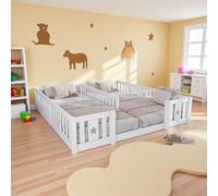 KeepGoon Lit de sol double pour enfants en bois massif avec parc, lit d'enfant, style Montessori, support vertical, motif étoilé, avec protection anti-chute (blanc sans sommier à lattes)