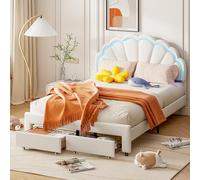 KeepGoon Lit d'enfant 140 x 200 cm, Lit Double avec 2 tiroirs, lit rembourré avec éclairage LED, tête de lit d'adolescent en Velours Blanc avec pétales, pour Fille avec sommier à Lattes