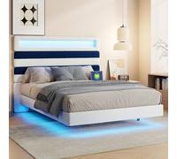 KeepGoon Lit Double 140x190 cm, lit Suspendu, Table en Bois réglable, Port USB Double Charge + LED avec tête de lit et sommier à Lattes, lit rembourré en Velours