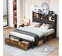 KeepGoon Lit Double en Bois de Fer 160 x 200 cm, tête de Lit rembourrée avec Compartiments de Rangement, Barre Lumineuse LED, Double tiroirs au Bout du lit, lit de Rangement avec Prise USB
