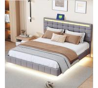 KeepGoon Lit Double rembourré, 160 x 200 cm, avec éclairage LED et 2 Ports USB, Cadre de lit avec sommier à Lattes, lit Double Plat, en Lin Doux pour la Peau, Gris