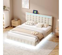 KeepGoon Lit Double rembourré, 160 x 200 cm, avec éclairage LED et 2 Ports USB, Cadre de lit avec sommier à Lattes, lit Double Plat, en Lin Doux pour la Peau, Gris (Beige)