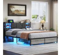 KeepGoon Lit en Bois de Fer 140 x 200cm, Table de Chevet avec Barre Lumineuse et Port USB, Double tiroirs au Bout du lit, Lit Double Dossier rembourré, tête de lit avec Compartiment de Rangement, PU