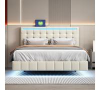 KeepGoon Lit rembourré 140 x 200 cm, lit Double avec éclairage LED et 2 USB, Cadre de lit avec sommier à Lattes, Tissu de Lin Doux pour la Peau (Beige)
