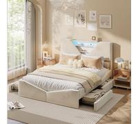 KeepGoon Lit rembourré avec 4 tiroirs, Lit double 140 x 200 cm avec lumières LED, Structure de lit avec tête de lit et sommier à lattes, Tête de lit triangulaire avec récipient, Tissu en velours