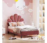 KeepGoon Lit Simple 90 x 200 cm, rembourré, avec tête de lit en Forme de Fleur et sommier à Lattes, Cadre de lit Stable, lit d'enfant, lit d'adolescent, lit en Velours Doux pour la Peau, lit Fille