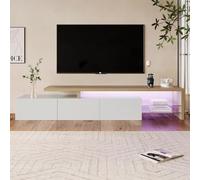 KeepGoon Meuble TV 200 x 39 x 42 cm (L x l x H) - Espace de rangement pratique - 3 armoires - Aspect brillant - Éclairage LED - Tablettes en verre intégrées - Meuble TV bas (blanc et couleur bois)