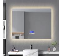 KeepGoon Miroir de salle de bain avec éclairage 80 x 100 cm avec haut-parleur Bluetooth et indicateur de température, fonction de désinfogation, réglage à six boutons, miroir rectangulaire, miroir de
