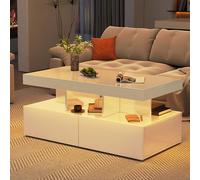 KeepGoon Table Basse 104 x 53 x 46 cm, Table Basse avec éclairage LED, Brillant, Table de Salon avec 2 tiroirs, Table Basse de Salon, Table d'appoint de canapé (Blanc)