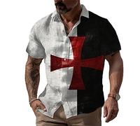 keephen Chevaliers Templiers Bouton imprimé en 3D Down Chemise à Manches Courtes Chemisier d’été Chemises hawaïennes Lâche Casual Business Beach Tops