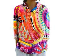 keephen Femmes Vintage Style Ethnique Fleurs Colorées Impression 3D Manches Longues Col Chemises Bulle Crêpe Léger Chemisier Dames Boho Vacances Hauts en Plein Air