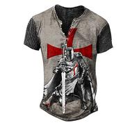 keephen Hommes Chevaliers Templiers à Manches Courtes T-Shirt Retro 3D imprimé Henley Chemises Crusader Warrior Distressed Tops