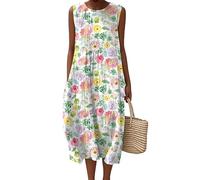 keephen Robe midi bohème à col Rond d’été pour Femmes Fleurs sans Manches Poche à Pull imprimée ludique 3D Longues Robes de Plage