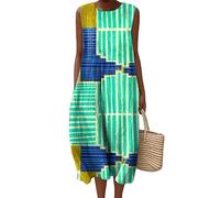 keephen Robes Longues de Vacances sans Manches pour Femmes Blocs de Couleur Chats Géométrie Vintage Imprimé en 3D Bohème Midi Jupe Pull Poche Robe