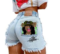 keephen Short en Jean pour Femme Fille Africaine imprimé Jean décontracté Ourlet effiloché déchiré été Denim Jean Short Chaud Pantalon Court avec Poches