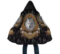 keephenDE Hiver Hommes Femmes Cape à Capuche Loup Viking Coupe-Vent en Polaire imprimé 3D Manteau Chaud à Capuchon