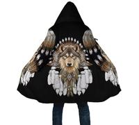 keephenDE Hiver Hommes Femmes Cape à Capuche Loup Viking Coupe-Vent en Polaire imprimé 3D Manteau Chaud à Capuchon