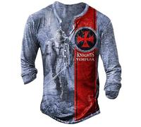 keephenDE Mode Templiers Modèle Imprimé en 3D Décontracté Manches Longues T-Shirts Hommes Vintage Loose Col en V avec Bouton Pullover Tops