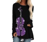 keephenDE T-Shirt Ras du Cou imprimé Instruments de Musique pour Femmes T-Shirts décontractés à Motifs de Notes de Musique Robes à Manches Longues mi-Hautes Tops