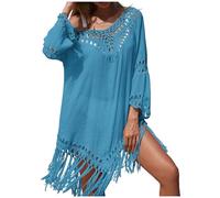 Keepink Cache-maillot de bain pour femme avec col en V et manches longues - Robe d'été ample et respirante - Cache-maillot de bain à pompons, 1 bleu., taille unique