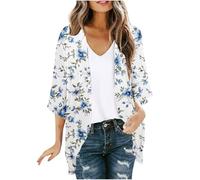 Keepink Cardigan long pour femme - Grande taille - Manches 3/4 - Ouvert sur le devant - Léger - Imprimé floral - En mousseline de soie - Cardigan kimono d'été - Cache-maillot de plage - S-5XL, 2