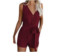 Keepink Combinaison d'été pour femme - Grande taille - Boutons - Short - Col en V - Sans manches - Style décontracté - Avec ceinture - Jambe large - Avec poches - Style bohème, 028 Vin, 3XL